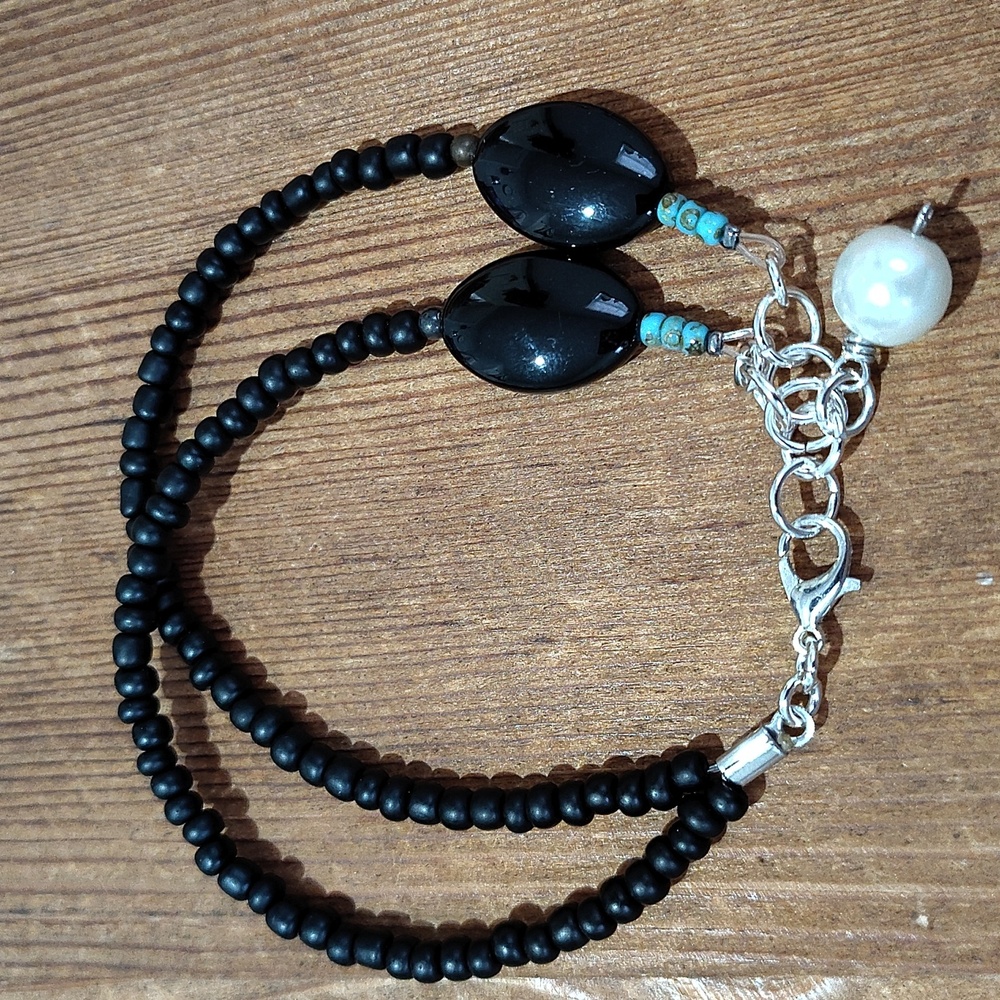 Ladies Double Strand Black Beaded Bracelet, Handmade Ladies Bracelet - Picture 7 of 8